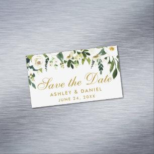 Enregistrer La Date Vert Blanc Floral Mini Magnet