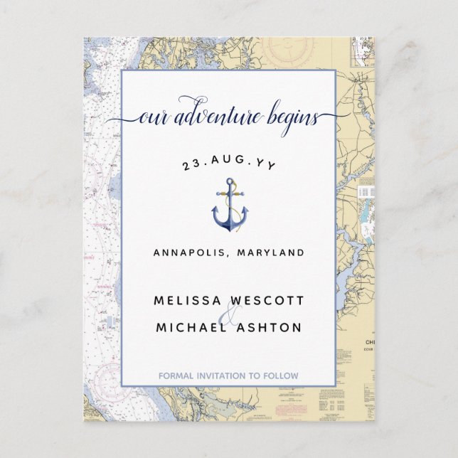 Enregistrez la date Bleu poussiéreux Carte nautiqu (Devant)
