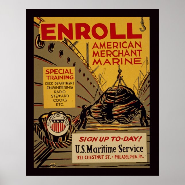 Enrol American Merchant Marine Vintage WPA Poster (Front)