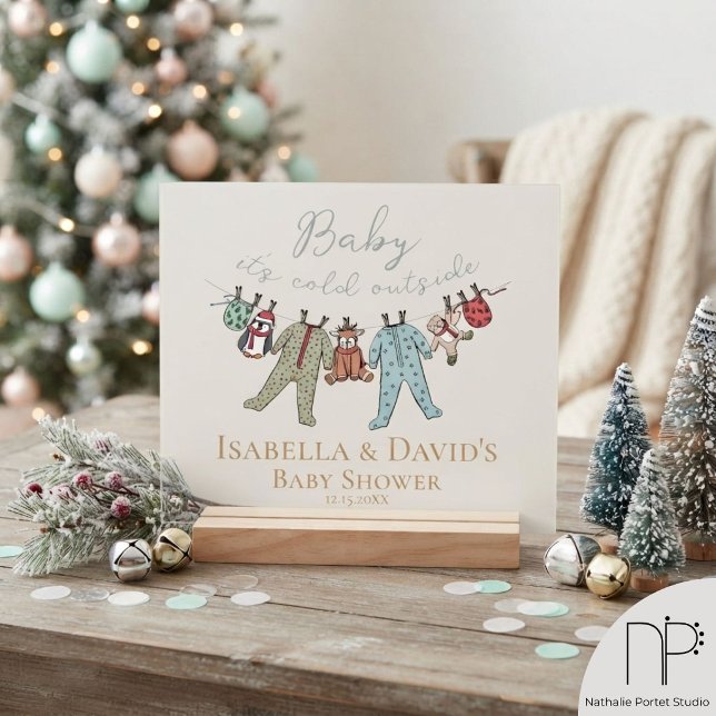 Enseigne en acrylique pour Baby Shower d'hiver Ala (This gender neutral alabaster winter baby shower sign features hand-drawn christmas illustrations)