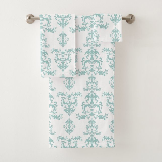 Ensemble bleu de serviette de Bath de damassé (En situation)