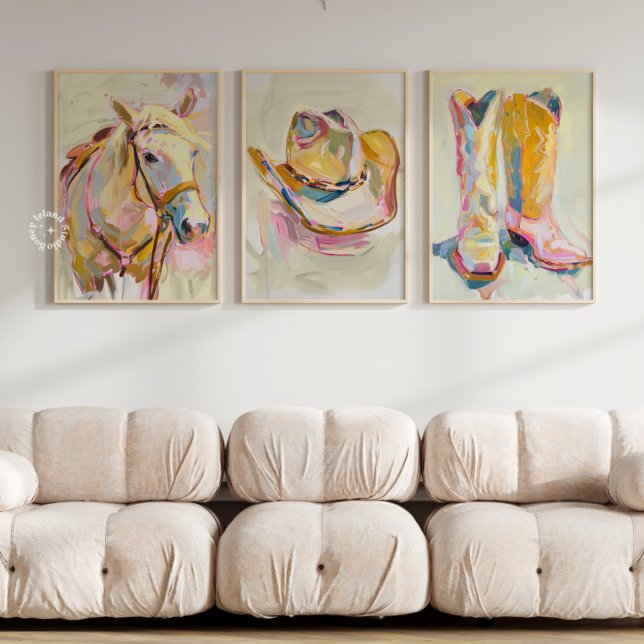 Ensemble de 3 Casquette d'amorçage Cowgirl Horse W (Western Wall Art, Cowgirl Boot Print, Cowboy Hat Artwork, Horse Print, Rustic Home Decor, Ranch Styl)