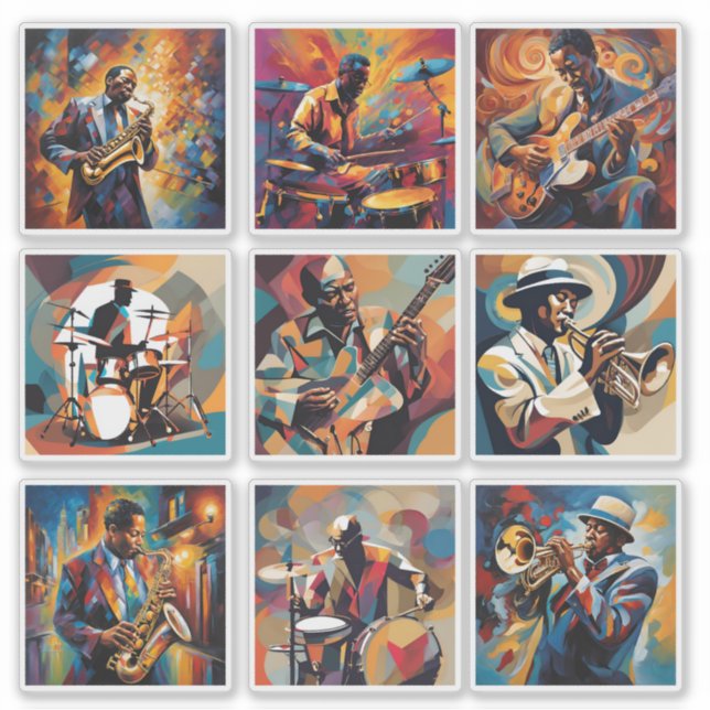 Ensemble de 9 Stickers Musiciens de Jazz (Devant)