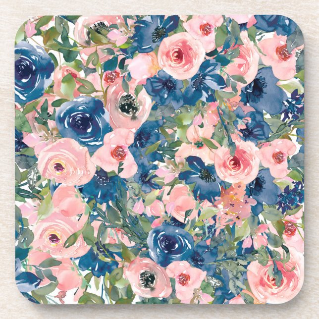 Ensemble de Dessous de verre floraux bleu et rose (Devant)