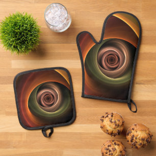 Ensemble De Gant De Cuisine Et De Manique 3D Spirale Abstraite couleurs chaudes Art fractal 