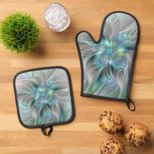Ensemble De Gant De Cuisine Et De Manique Abstrait Bleu Vert Papillon Imaginaire Fractal Art