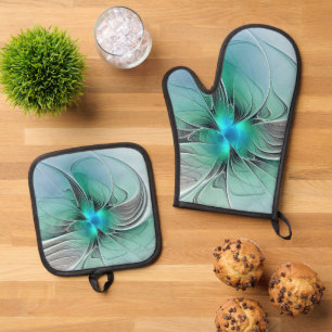 Ensemble De Gant De Cuisine Et De Manique Abstrait De Bleu, Art Fractal Moderne
