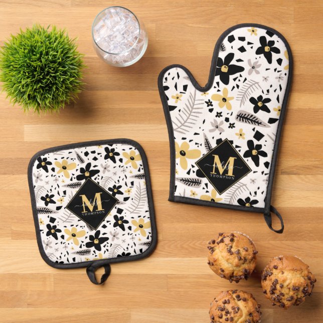 Ensemble De Gant De Cuisine Et De Manique Abstrait Gris jaune noir gris sans joint motif flo (De haut en bas)