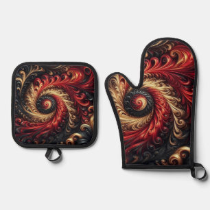 Ensemble De Gant De Cuisine Et De Manique Abstrait Moderne Tourbillonnant Rouge, Noir et Or