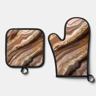 Ensemble De Gant De Cuisine Et De Manique AGATE D'OR BLUSH Brown ABSTRAITS DE REGARDE