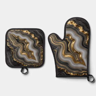 Ensemble De Gant De Cuisine Et De Manique Agate Géode Marbre Luxe Or Noir