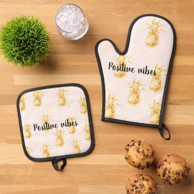 Ensemble De Gant De Cuisine Et De Manique Aigenilles tropicales Blush Gold (De haut en bas)