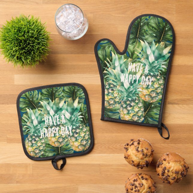 Ensemble De Gant De Cuisine Et De Manique Aiguilles Feuilles tropicales bleues (De haut en bas)