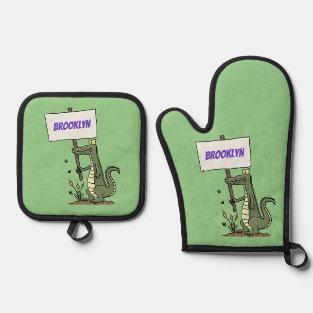 Ensemble De Gant De Cuisine Et De Manique Aligator de crocodile drôle avec dessin animé (Recto)