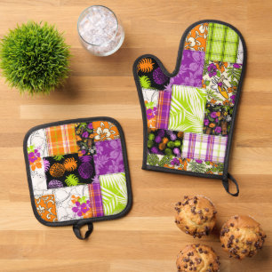 Ensemble De Gant De Cuisine Et De Manique Aloha Patchwork Hawaiian Tropical Prints Violet