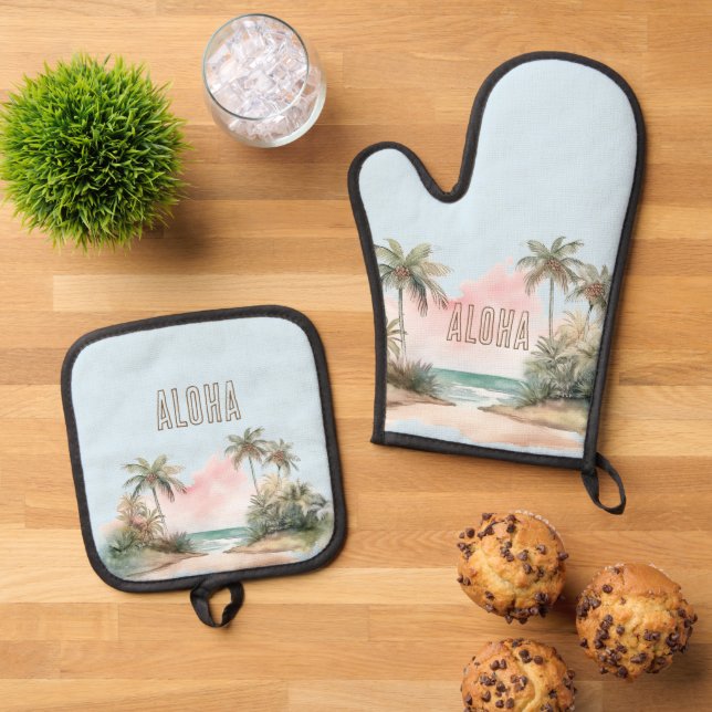 Ensemble De Gant De Cuisine Et De Manique Aloha Plage tropicale Palmiers (De haut en bas)
