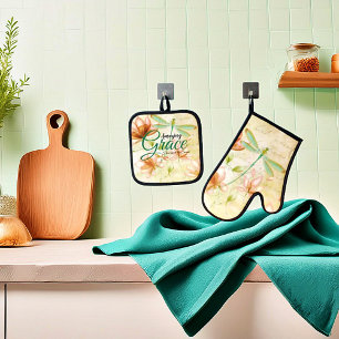 Ensemble De Gant De Cuisine Et De Manique Amazing Grace Fleurs et libellule