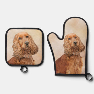 Ensemble De Gant De Cuisine Et De Manique Anglais Cocker Spaniel Painting Original Chien Art