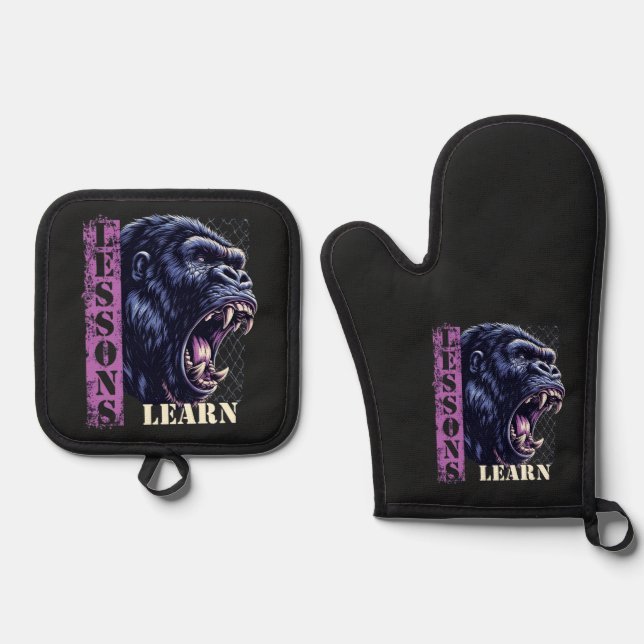 Ensemble De Gant De Cuisine Et De Manique Angry Gorilla Oven Mitt And Pot Holders (Recto)