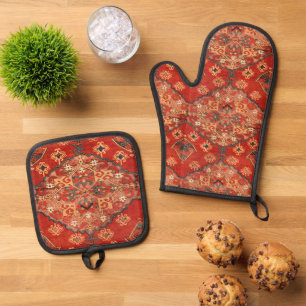 Ensemble De Gant De Cuisine Et De Manique Antique Vintage rouille Oriental Dhurrie Kilim Rug