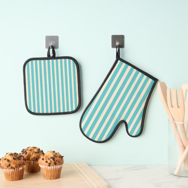 Ensemble De Gant De Cuisine Et De Manique Aqua Stripes (In situ (suspendu))