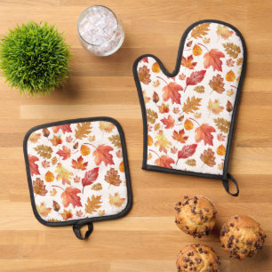 Ensemble De Gant De Cuisine Et De Manique Aquarelle Automne Feuilles Automne Motif sans join