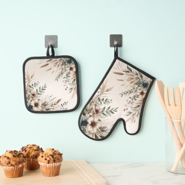 Ensemble De Gant De Cuisine Et De Manique Aquarelle bleu ivoire Fleurs (In situ (suspendu))