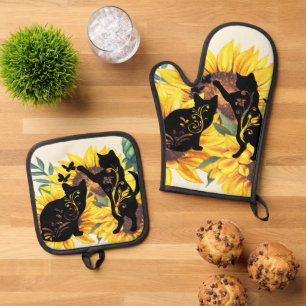 Ensemble De Gant De Cuisine Et De Manique Aquarelle Bouquet de tournesol Chat Silhouette flo