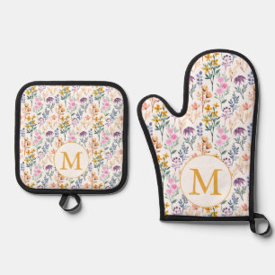 Ensemble De Gant De Cuisine Et De Manique Aquarelle colorée Fleur de printemps Motif Monogra