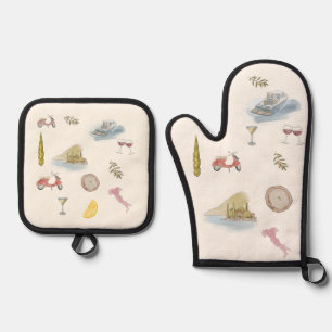 Ensemble De Gant De Cuisine Et De Manique Aquarelle du lac de Côme Italie