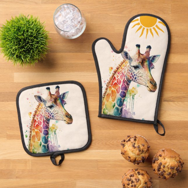 Ensemble De Gant De Cuisine Et De Manique Aquarelle Giraffe (De haut en bas)