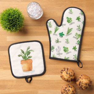 Ensemble De Gant De Cuisine Et De Manique Aquarelle Herbe four Mitt et porte-pots