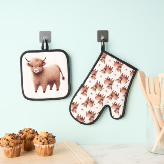 Ensemble De Gant De Cuisine Et De Manique Aquarelle Highland Cow Soft Pastel