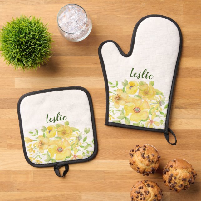 Ensemble De Gant De Cuisine Et De Manique Aquarelle jaune floral (De haut en bas)