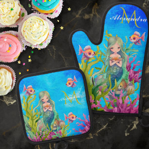 Ensemble De Gant De Cuisine Et De Manique Aquarelle monochrome Sirène Turquoise corail pourp