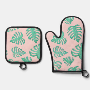 Ensemble De Gant De Cuisine Et De Manique Aquarelle Monstera Feuilles sur Ballet Rose