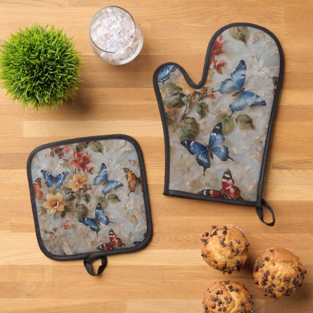 Ensemble De Gant De Cuisine Et De Manique Aquarelle papillon colorée (De haut en bas)