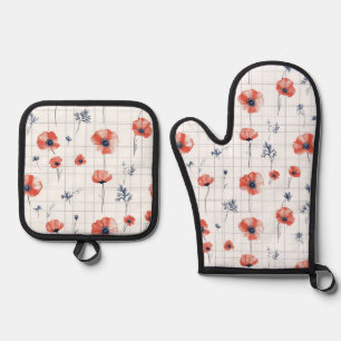 Ensemble De Gant De Cuisine Et De Manique Aquarelle rouge Motif sur blanc