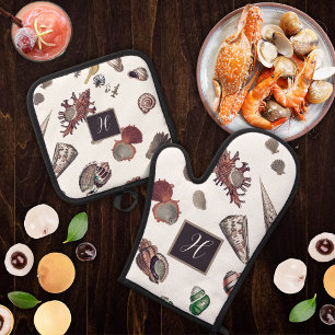 Ensemble De Gant De Cuisine Et De Manique Aquarelle Vintage des coques de mer initiales mono