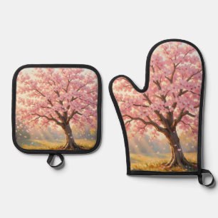 Ensemble De Gant De Cuisine Et De Manique Arbre de cerisier en fleurs Printemps 