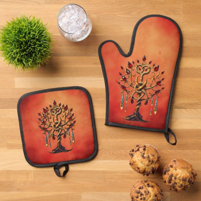 Ensemble De Gant De Cuisine Et De Manique Arbre doré de la vie aux pierres rouges (De haut en bas)