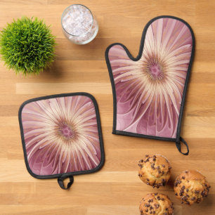 Ensemble De Gant De Cuisine Et De Manique Art Abstrait Fractal Fleur & Tons de Bourgogne
