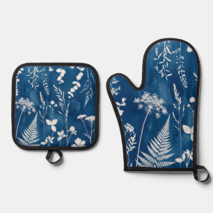 Ensemble De Gant De Cuisine Et De Manique Art botanique de fougère au cyanotype bleu indigo
