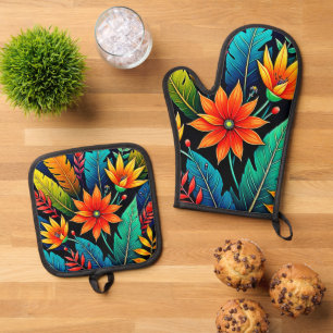 Ensemble De Gant De Cuisine Et De Manique Art de fleurs tropicales vibrantes