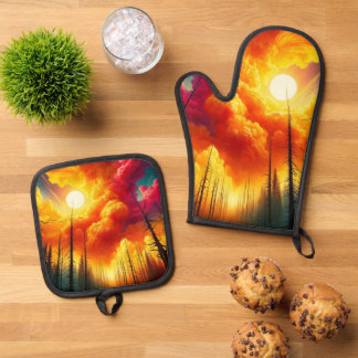 Ensemble De Gant De Cuisine Et De Manique Art du coucher de soleil