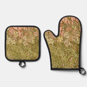 Ensemble De Gant De Cuisine Et De Manique Art Nouveau Alphonse Mucha Fleurs de carnation flo