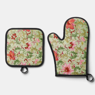Ensemble De Gant De Cuisine Et De Manique Art Nouveau Chinois Floral Vintage Chinoiserie