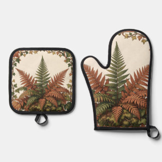 Ensemble De Gant De Cuisine Et De Manique Art Nouveau Fougère Lierre Botanique