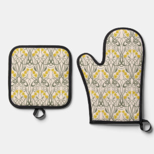 Ensemble De Gant De Cuisine Et De Manique Art Nouveau Jaunes Jonquilles et Tiges Crème