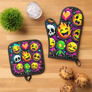 Ensemble De Gant De Cuisine Et De Manique Art pop Emoji vibrant